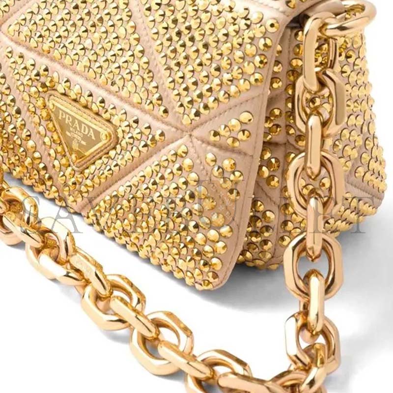PRADA MINI CRYSTAL EMBELLISHED TRIANGLE LOGO SHOULDER BAG IN GOLD 1BD329 (17*11.5*6cm)